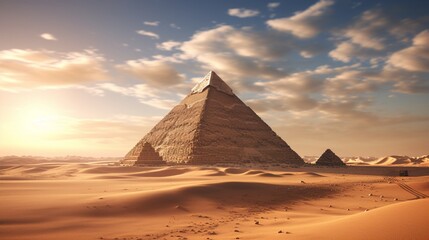 An ancient pyramid in a vast desert, surrounded by sand dunes - obrazy, fototapety, plakaty