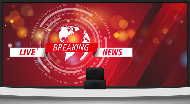 white table and breaking news on lcd background in the news studio room	