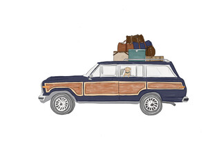 Station wagon with luggage on the roof and a dog in the backseat, digital watercolour transparent