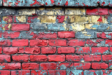 Old brick wall with flaking paint, colorful, generative ai