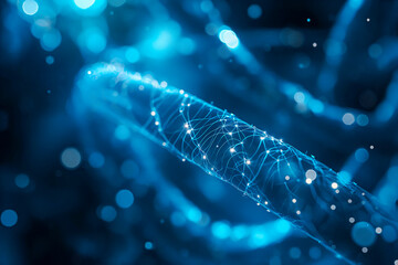 Futuristic blue-hued nano tech concept with glowing lattice-like structures, symbolizing biotechnology advances and singularity - obrazy, fototapety, plakaty