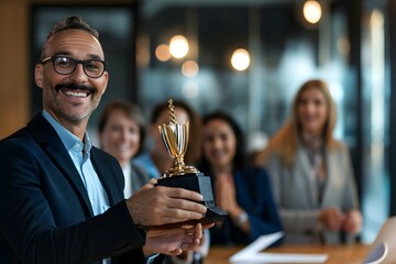 A smiling male employee holds a trophy, an award on Global Employee Appreciation Day showcasing his outstanding contribution