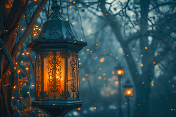 Vintage lantern with glowing lights in a misty, enchanted forest setting.