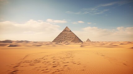 An ancient pyramid in a vast desert, surrounded by sand dunes