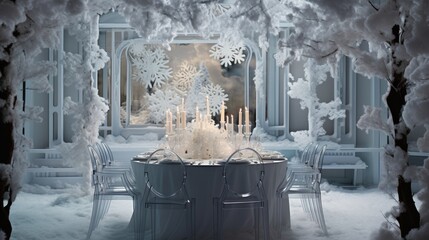 A winter wonderland dinner setup with ice sculptures and snowflakes.