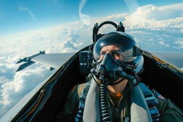 Portrait of a fighter pilot in an aircraft cockpit in the sky during aviator military mission