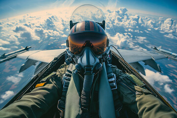 Portrait of a fighter pilot in an aircraft cockpit in the sky during aviator military mission - obrazy, fototapety, plakaty
