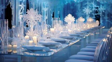 A winter wonderland dinner setup with ice sculptures and snowflakes. - obrazy, fototapety, plakaty