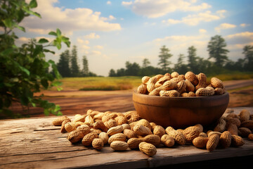 Fototapeta na wymiar Generative AI Image of Shell Peanuts in a Wooden Bowl with Nature Landscape