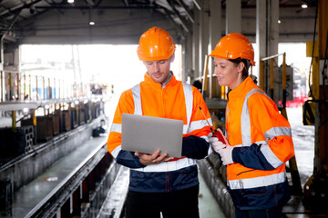 Young caucasian engineer man and woman checking train with laptop in station, team engineer inspect system transport, technician examining infrastructure, transportation and industry. - Powered by Adobe
