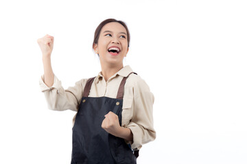 Portrait young asian barista woman wearing apron standing and smile isolated white background, waitress or entrepreneur cheerful, small business or startup, waiter of cafe or coffee shop.