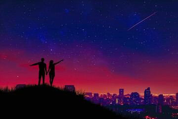 Silhouette of a couple on a hilltop pointing at a shooting star enjoying a romantic evening while looking at the sky over big city