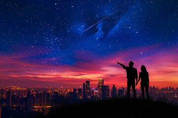 Silhouette of a couple on a hilltop pointing at a shooting star enjoying a romantic evening while looking at the sky over big city
