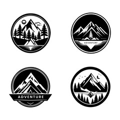collcetion outdoor adventure badge with mountain background in circle shape logo design