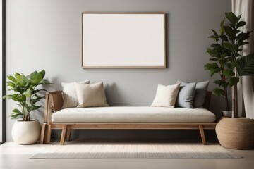 Scandinavian interior home design of living room with wooden bench and empty poster frame mockup