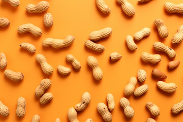 Fototapeta na wymiar Generative AI Image of Top View of Shell Peanuts on Orange Background