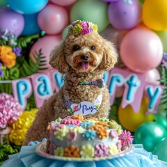 Adorable dog's happy birthday party, cute poodle puppy with party hat baloon and birthday cake. Pet animal in costume message greeting card concept