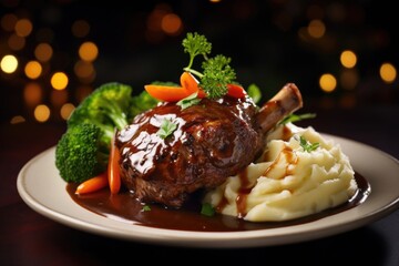 A mouthwatering food shot showcasing a bowl of tender lamb shank surrounded by a pool of rich, herbinfused gravy, paired with ery mashed potatoes and steamed vegetables, creating a wholesome - obrazy, fototapety, plakaty