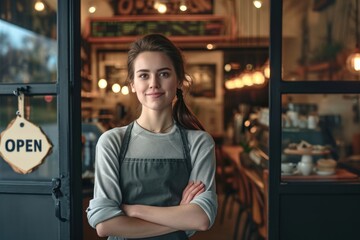 Young female barista, cross arm with open sign standing front of cafe. Generative AI.