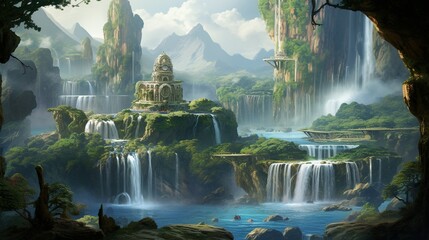 An otherworldly landscape featuring floating islands with cascading waterfalls and exotic flora. - obrazy, fototapety, plakaty