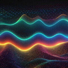 Colorful particles and curves, beating notes, wonderful music visualization, abstract colorful background
