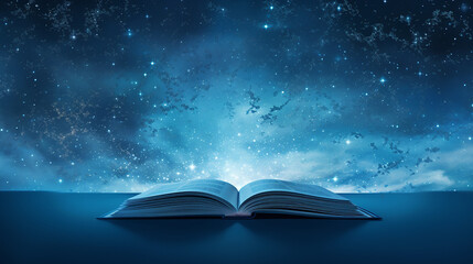 literary constellation. A sky-blue backdrop hosts a constellation shaped like an open book - obrazy, fototapety, plakaty