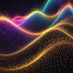 Colorful particles and curves, beating notes, wonderful music visualization, abstract colorful background
