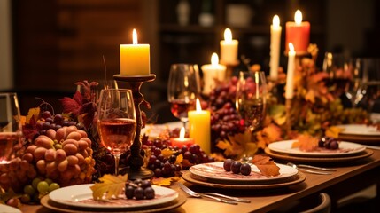 An autumn-themed dinner party with falling leaves and warm colors.