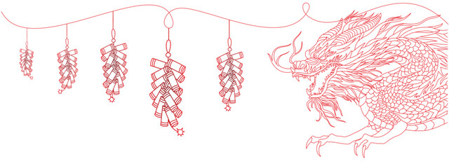 Vector design of dragon and firecrackers for Chinese New Year - obrazy, fototapety, plakaty