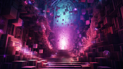 A cascade of virtual books unfolds in fractal patterns across a vibrant dreamscape. neural library.