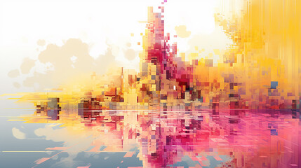 Pixelated prose flows from an open book with bursts of bright yellow and pink. pixel prose