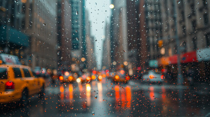 City view through window glass with rain drops , traffic lights genarative ai