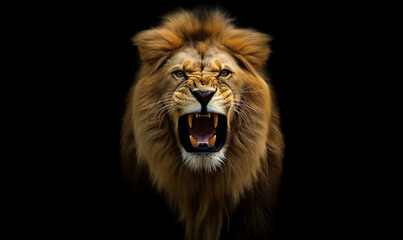 The Majestic Roar: Symbolism of the Lion of Judah in the Glorious Return of Jesus Christ - A Powerful Stock Image on a Black Background - obrazy, fototapety, plakaty