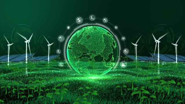 Green energy from wind turbines and solar cells, Global Green Sustainable, Digital technology of ESG principles with renewable energy icons, and sustainable earth on a green background.