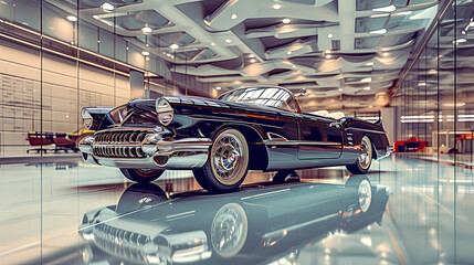 car showroom displaying a vintage convertible - obrazy, fototapety, plakaty