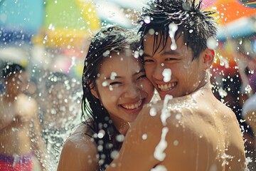 Fototapeta premium A joyful couple drenched in water, celebrating the vibrant and spirited Songkran Festival