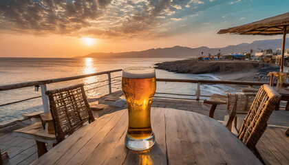 Sipping a fresh beer waiting to admire the fantastic sunset on the beach cafe - obrazy, fototapety, plakaty