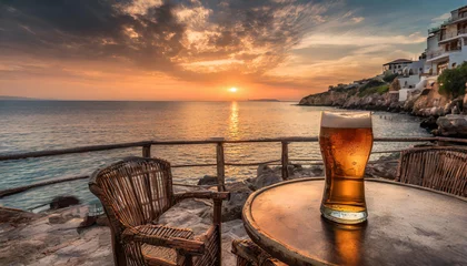 Foto op Plexiglas Sipping a fresh beer waiting to admire the fantastic sunset on the beach cafe © Callow