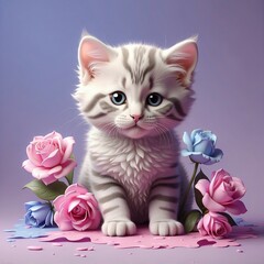 cartoon cat, realistic looking, beautiful flowers, cute and cute cat