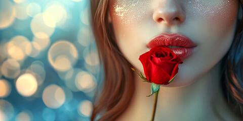 Red-lipped woman adorned with makeup and surrounded by roses exudes beauty and sensuality in a glamorous portrait on bokeh background