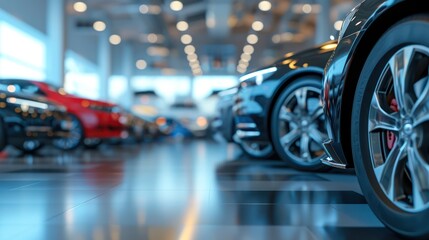 Car showroom concept background showcasing a close-up of a new car ready for purchase