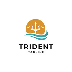 Trident logo design template with sun and wave flat vector design style