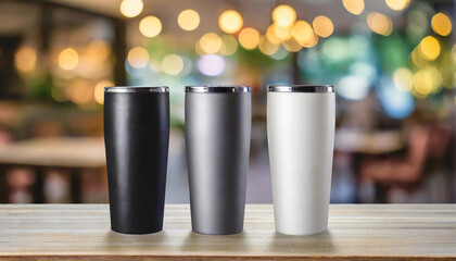 Closeup of 3 tumbler product mock up on light color on wooden floor with blur and bokeh cafe background