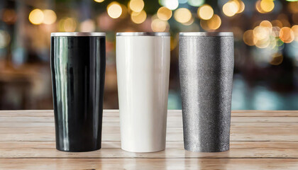 Closeup of 3 tumbler product mock up on light color on wooden floor with blur and bokeh cafe...