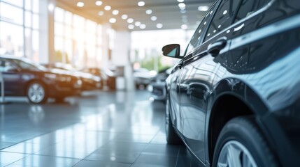 Car showroom concept background showcasing a close-up of a new car ready for purchase