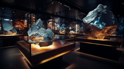 Capture the intricate details of a captivating 3D rendering of a gemstone and mineral exhibit, showcasing the brilliance of precious stones under museum lighting. - obrazy, fototapety, plakaty