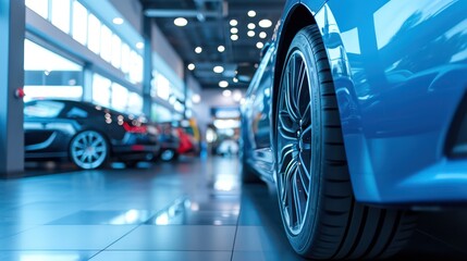 Car showroom theme with a close-up view of a new car prepared for sale. - obrazy, fototapety, plakaty