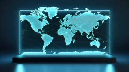 A holographic of digital world map display, minimal gradient light blue background, wide shot.