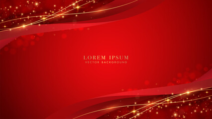 Red luxury background with golden line, red curve, glitter light effect and bokeh