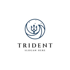Trident line logo icon design template with waves element